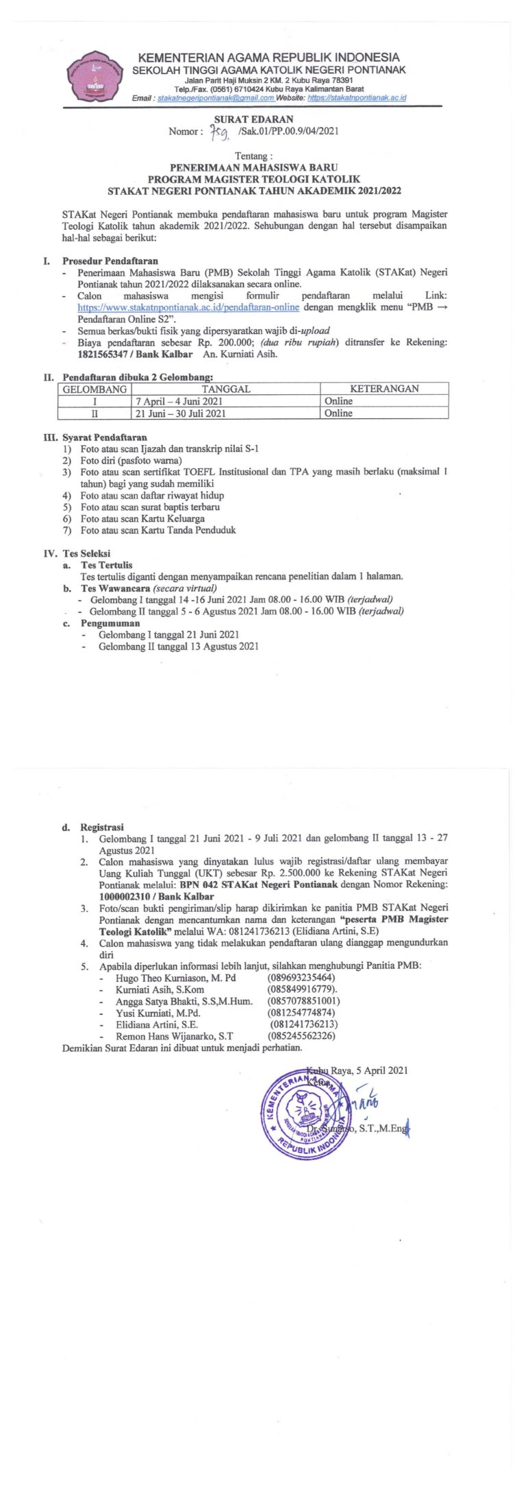 Penerimaan Mahasiswa Baru Program Magister Teologi Katolik STAKat Negeri Pontianak Tahun Akademik 2021/2022